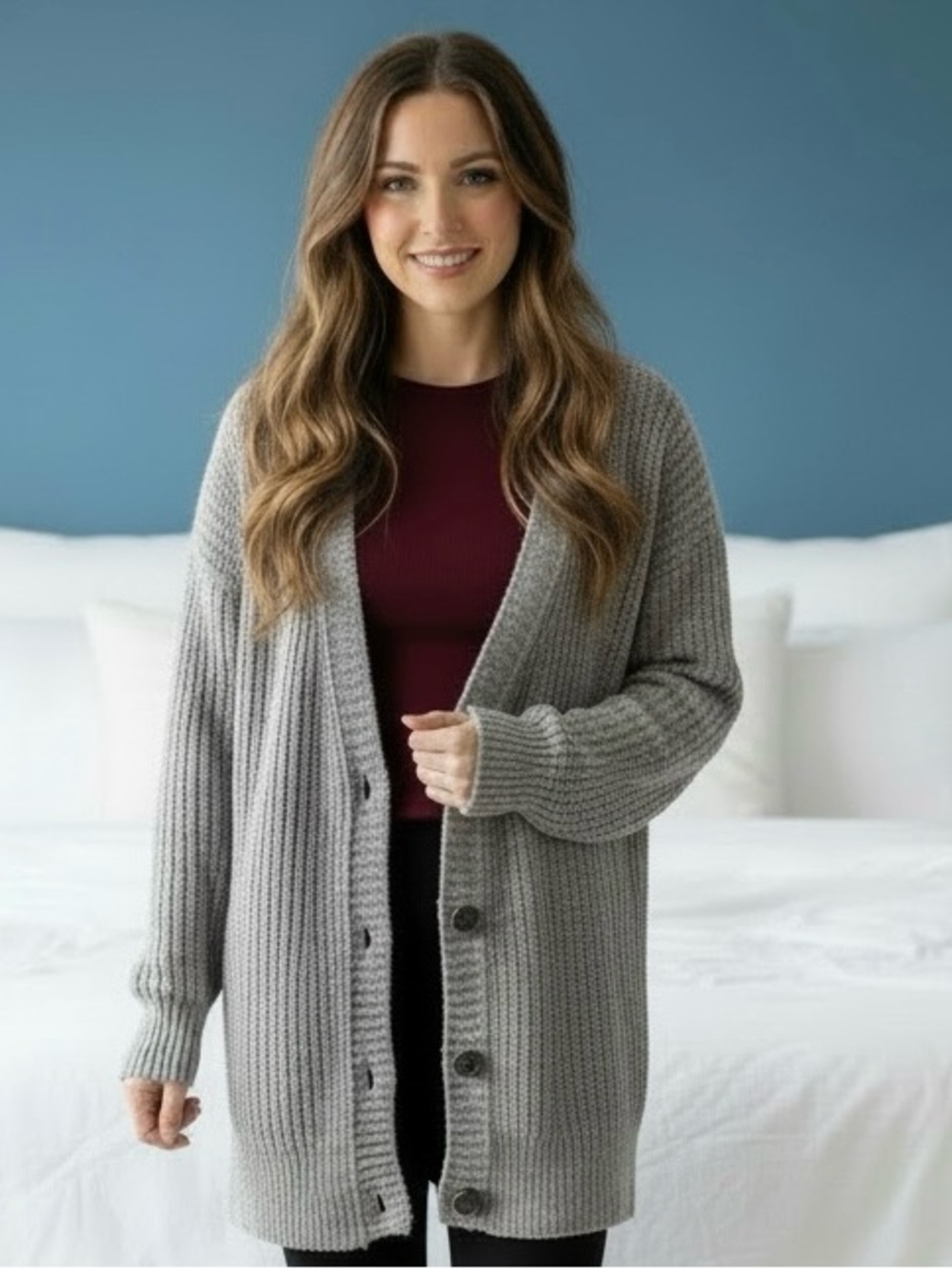 aerie Ribbed Button-Front Cardigan Sweater - Gray